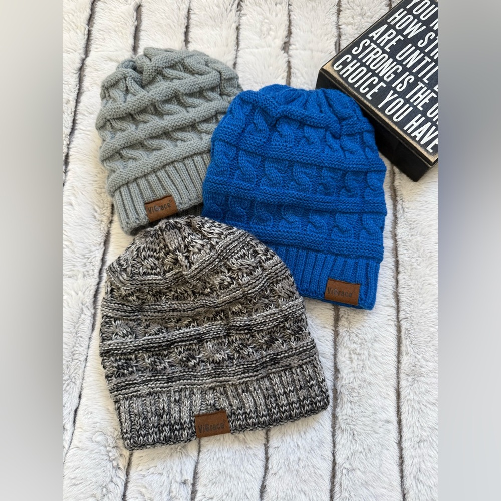 Grace Kids' Knit Beanie Trio - Gray, Blue, Black